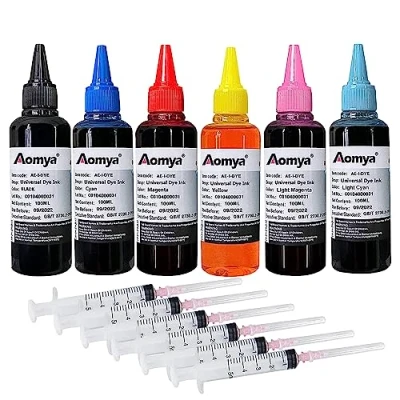 Abbildung von Aomya 600ml Universal Dye Ink Refill Kit for HP Canon Epson Brother Lexmark Printers Compatible Cartridges Refillable Cartridge CISS CIS System 6 Color Set with 4 Free Syringes (BK, C, M, Y, LM, LC)