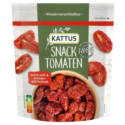 Abbildung von Kattus getrocknete Snacktomaten verzehrfertige, sonnengereifte Tomaten, in wiederverschließbarem Beutel, für Salate, Pasta, Pizza und Co. 100 g im Beutel