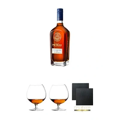 Abbildung von Metaxa 12* Sterne 12 Jahre alt 0,7 Liter + Cognacglas/Schwenker Stölzle 1 Stück 103/18 Schiefer Glasuntersetzer eckig ca. 9,5 cm Ø 2