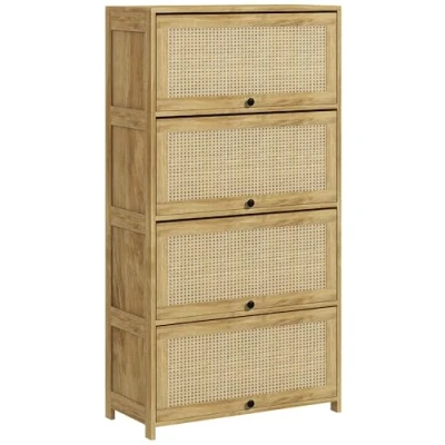 Abbildung von HOMCOM Boho Style Küchenschrank mit 4 Klapptüren, Spanplatte und Rattan Küchenanrichte, 70x32x132,8 cm, Holzfarbe