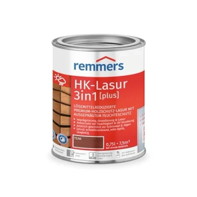 Abbildung von Remmers HK Lasur 3in1 [plus] teak, matt, 0,75 Liter, Lösemittelreduzierte Premium Holzschutz für außen, 3in1, schnelltrocknend, langlebig