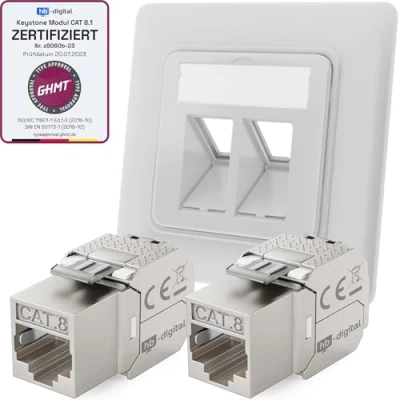 Abbildung von hb digital 2 Port CAT 8 Netzwerkdose unterputz RAL9003 + 2X GHMT zertifiziertes Keystone RJ45 Modul LAN Ethernet Dose Buchse Einbaubuchse max. 40 Gbit/s STP Signalweiß