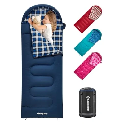 Abbildung von KingCamp Kinderschlafsack Schlafsack Winter Warmer Deckenschlafsack 3 4 Jahreszeiten für Kinder beim Camping Trekking 170 x 70 cm Komfort: 7C 1.4 KG,(Navy, Links)