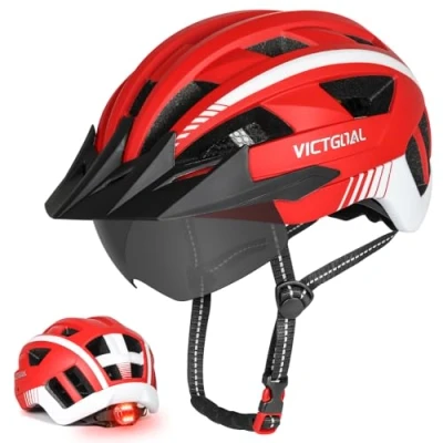 Abbildung von VICTGOAL Fahrradhelm MTB Mountainbike Helm mit magnetischem Visier Abnehmbarer Sonnenschutzkappe und LED Rücklicht Radhelm Rennradhelm für Erwachsenen Herren Damen (XL: 59 63cm, Red)