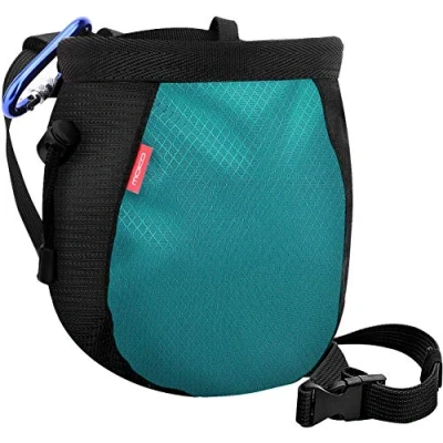 Abbildung von MoKo Klettern Chalkbag, Bouldern Magnesiabeutel mit Einstellbar Gürtel &amp; Karabinerclip Kordelzug Chalk Bag Boulderbag für Gewichtheben Gymnastik Crossfit Schwarz Hellblau