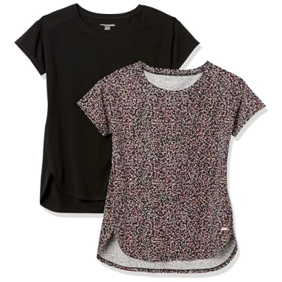 Abbildung von Amazon Essentials Damen Leichtes Fitness T Shirt mit Rundhalsausschnitt und lockerer Passform (in Übergröße erhältlich), 2er Pack, Schwarz Konfettimuster, XS