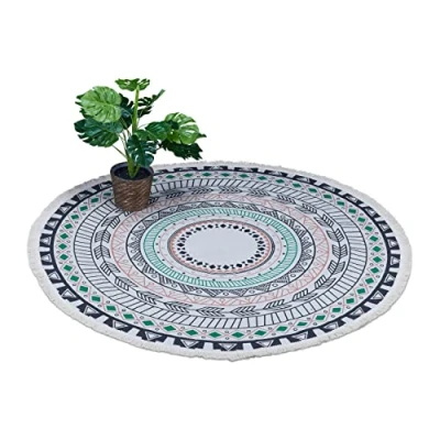 Abbildung von Relaxdays Teppich rund, Mandala Design, Ø 120 cm, Baumwollteppich mit Fransen, rutschfest, Boho Wohnzimmerteppich, bunt