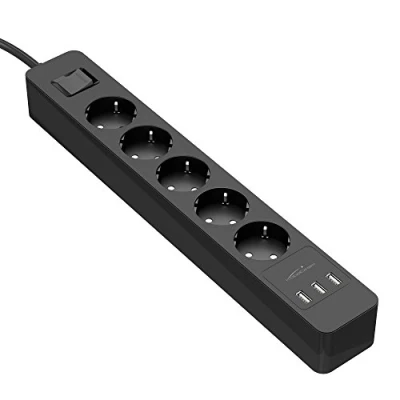Abbildung von KabelDirekt 5 fach Steckdosenleiste, Mehrfachsteckdose &amp; TÜV zertifizierte Steckerleiste mit Überspannungsschutz sowie 3 USB Ladegerät (max. 4000W/250V/16A erhöhtem Berührungsschutz, schwarz)
