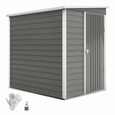 Abbildung von Outsunny Metall Gerätehaus 2,3m² 142x184x181cm Geräteschuppen mit Fundament Pultdach Fenster abschließbar Tür Handschuhe wetterfest Gartenhaus Outdoor Garten Schuppen für Hinterhof Hellgrau