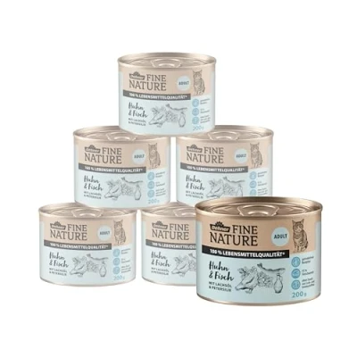 Abbildung von Dehner Fine Nature Katzenfutter, Nassfutter getreidefrei, für ausgewachsene Katzen, Huhn / Fisch, 6 x 200 g Dose (1.2 kg)