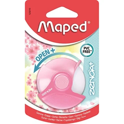 Abbildung von Maped Zenoa Plus Radiergummi Runder weißer Radierer mit Schutzhülle, die sich um 180 drehen lässt Phthalatfrei PVC frei Pastellrosa