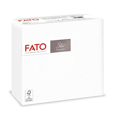 Abbildung von Fato, Einweg Papierservietten, Weichheit und Sanftheit, Packung mit 40 Servietten, Größe 38x38 gefaltet in 4, 2 lagig, Farbe Weiß, 100% reines Zellulosepapier, FSC zertifiziert