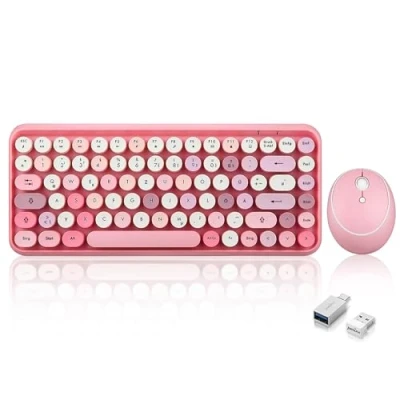 Abbildung von Perixx PERIDUO 713 Kabelloses Mini Tastatur und Maus Desktop Set, Retro Vintage Schreibmaschinen Design, Pink Rosa, QWERTZ 11713