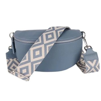 Abbildung von MIRROSI® Bauchtasche Damen, Echtleder, Made in Italy, Umhängetasche, Brusttasche, Crossbody Bag (1 Tasche &amp; 2 Gurte) (Jeansblau (KARO Jeansblau), Mittelgroße (25x16x7cm))