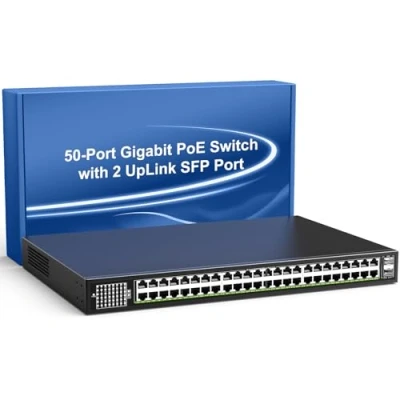 Abbildung von 48 Port Gigabit PoE Switch Unmanaged mit 2X 1000Mbps Uplink SFP Port, VIMIN 50 Ethernet Unterstützt IEEE802.3af/at, 100 Gbit/s Kapazität，400W Leistung, Plug and Play