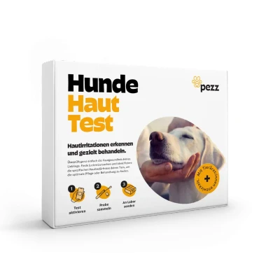 Abbildung von Pezz Haut und Juckreiz Test für Hunde zum Einsenden von zwei Abstrich Proben Teste stressfrei zuhause auf Milben, Bakterien Hefepilz Ergebnis als Labor Befund gratis Versand