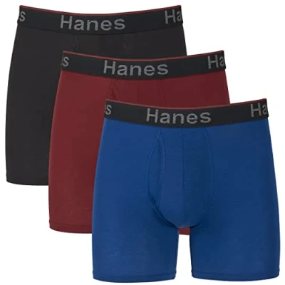 Abbildung von Hanes Herren Total Support Pouch Men&#039;s Boxer Brief Underwear, Anti Chafing, Moisture Wicking Odor Control, 3 Pack Retroshorts, Normales Bein Blau/Rot/Schwarz 3er Pack, Small