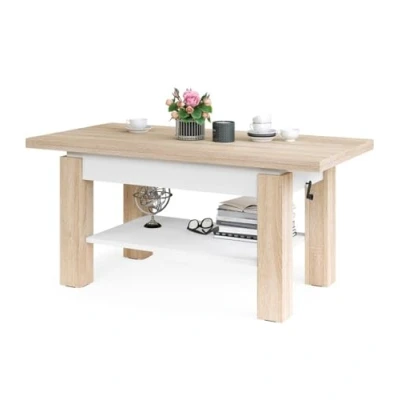 Abbildung von Schöner All4All Couchtisch Bresso 130x65 Wohnzimmertisch Klapptisch höhenverstellbar mit Ablagefach Sofatisch Stauraum Sonoma Weiß 05 (Sonoma Eiche + Weiß)