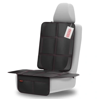 Abbildung von PROTEX Kindersitzunterlage ISOFIX geeignet, Anti RUTSCH Unterfläche Wasserabweisender &amp; besonders hochwertiger 600D Stoff mit gepolsteter Sitzfläche (L), (Schwarz roten Nähten)