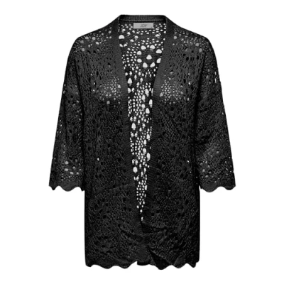 Abbildung von JACQUELINE de YONG JDY Damen Strickjacke Kurze Struktur Eleganter 3/4 Arm Cardigan gehäkelte Details, Farben:Schwarz, Größe:M