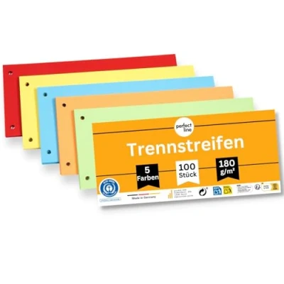 Abbildung von perfect line 100 Trennstreifen für Ordner A4, Trennblätter aus Recycling Karton, 5 Farben, gelocht, Made in Germany, Blauer Engel zertifiziert