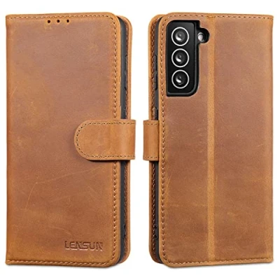 Abbildung von LENSUN Echtleder Hülle für Samsung Galaxy S21, Handyhülle [Echtes Leder][Kartenfach][RFID Schutz] Handytasche Lederhülle S21 5G Vintage Braun