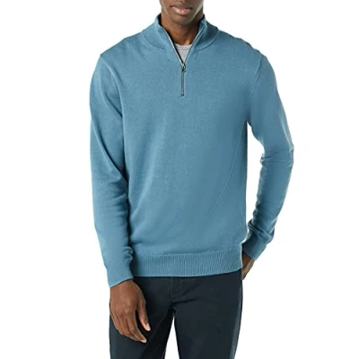 Abbildung von Amazon Essentials Herren Pullover mit Viertelreißverschluss aus 100% Baumwolle, Blau, XL