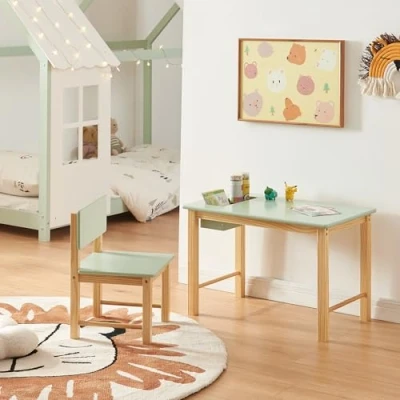 Abbildung von [en.casa] Kinderschreibtisch Set mit Stuhl Skjåk Kindertisch integriertem Fach Schreibtischstuhl Rückenlehne Holz Mintgrün Kinderspieltisch Maltisch für Kinder