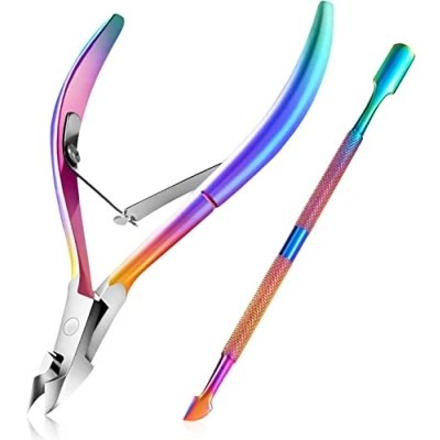 Abbildung von Nagelhautzange mit Nagelhautschieber, Easkep Dead Skin Remover Scherenzange Langlebige, Professioneller Nagelhautentferner Edelstahl (regenbogenfarben)
