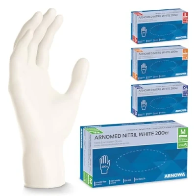 Abbildung von 200x ARNOMED Einweghandschuhe Weiß, Einmalhandschuhe M, Handschuhe Einweg 200 Stück/Box, Gummihandschuhe puderfrei, latexfreie Nitrilhandschuhe in S, L &amp; XL, Putzhandschuhe, Koch /Küchen