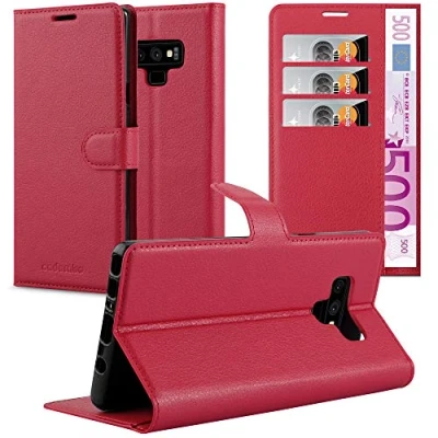 Abbildung von Cadorabo Hülle kompatibel mit Samsung Galaxy Note 9 Handyhülle aus Premium Kunst Leder Flip Klappbare Stoßfeste Magnetische [Standfunktion] [Kartenfächern] Cover für Tasche in Rot