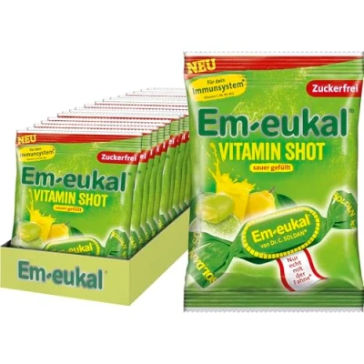 Abbildung von Em eukal Vitamin Shot sauer gefüllt 1500g Bonbons mit einer fruchtigen Füllung, C, B12 und E, zuckerfrei, laktosefrei 20 x 75g