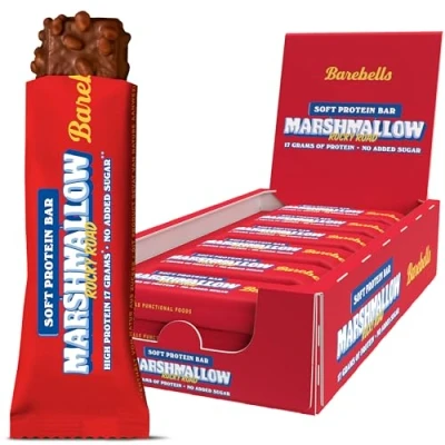 Abbildung von Barebells Proteinriegel köstliche weiche Eiweißriegel mit Schokolade zuckerarm, 17 Gramm Protein, ohne Palmöl Marshmallow Rocky Road, 12 x 55gr