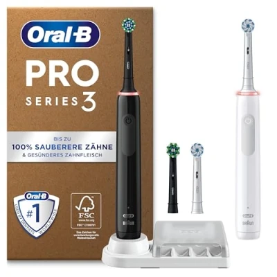 Abbildung von Oral B Pro Series 3 Plus Edition Doppelpack Elektrische Zahnbürste, 4 Aufsteckbürsten, mit visueller 360 Andruckkontrolle für Zahnpflege, Designed by Braun, schwarz/weiß