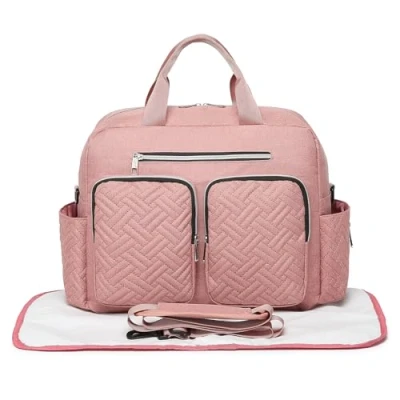 Abbildung von KONO Baby Wickeltasche Weekender Travel Windel Tote für Mama und Papa Convertible Messenger mit isolierten Taschen (große Tasche Wickelauflage Pink)