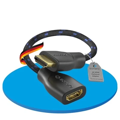Abbildung von Sonero® 4K HDMI Portsaver Adapter, Premium High Speed, A Stecker auf Buchse, vergoldete Kontakte, zweifache Abschirmung, Baumwollmantel, 0,15m