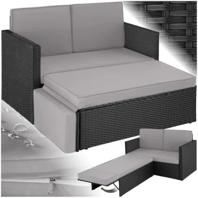 Abbildung von tectake® Sofa Set 2 Sitzer Sessel mit Hocker und Schlaffunktion, kleine Rattan Couch als Outdoor Gartenmöbel, wetterfest für Lounge, Balkon Garten, klappbar imprägnierten Polstern Schwarz