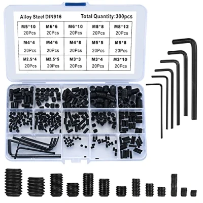 Abbildung von 300 Stück Madenschrauben, Einschraubmuffen Schrauben Sortiment Kit, M2.5/M3/M4/M5/M6/M8 Sechskantschrauben Alloy Kohlenstoffstahl mit Inbusschlüssel Schwarz