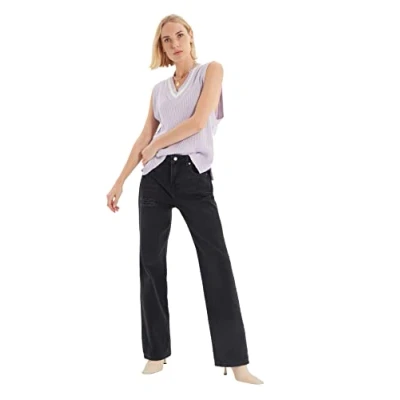 Abbildung von Trendyol, schwarz zerrissene detaillierte, hohe Taille breite Beinjeans, schwarz, 34