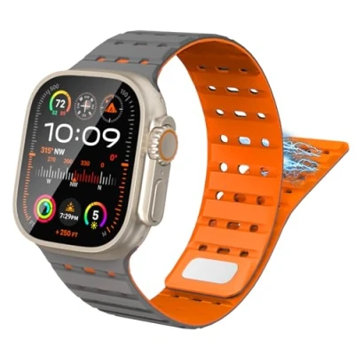 Abbildung von TiMOVO Magnetarmband Kompatibel mit Apple Watch 49/45/46/44/42 mm Herren Damen, Sport Magnetisches Silikon Uhrenarmband für iWatch Ultra 2 SE Serie 10 9 8 7 6 5 4 3 1, Grau Orange
