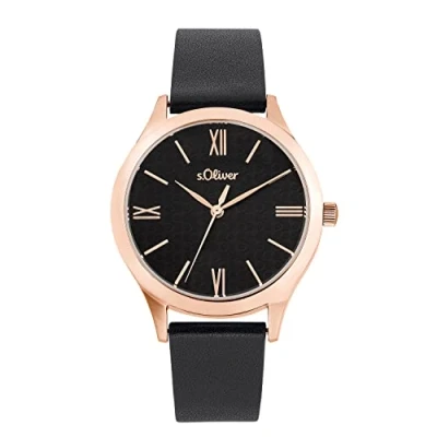 Abbildung von s.Oliver Armbanduhr Damen Quarzuhr Analog, mit Leder Armband, Schwarz, 5 bar Wasserdicht, Kommt in Uhren Geschenk Box,