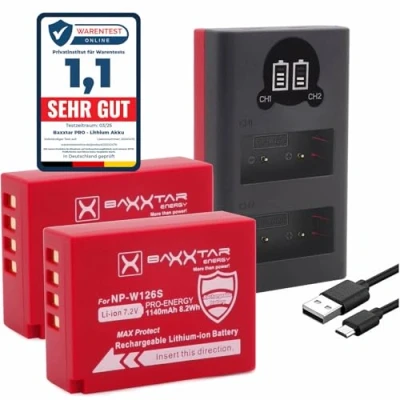 Abbildung von Baxxtar Pro Akku NP W126s W126 MaxProtect V1 (2X / 1140mAh) mit aktivem NTC Sensor und Schutzgehäuse Plus 18612 (Mini USB Dual LCD) zu X M5 X100VI S10 T20 T30 II T5 T50 usw.
