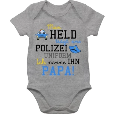 Abbildung von Baby Body Junge Mädchen Sprüche Mein Held trägt eine Polizeiuniform Polizist Geschenk zur Geburt 6/12 Monate Grau meliert mit aufschrift vatertag babystrampler strampler babygeschenke