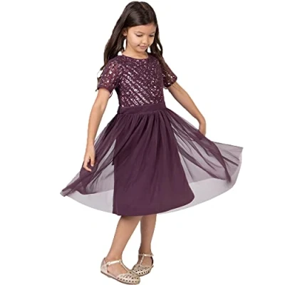 Abbildung von Maya Deluxe Girl&#039;s Midi Girls for Wedding with Sequin Embellishment Short Sleeve Prom Birthday Party Bridesmaid Dress, Berry, 3 4 Years