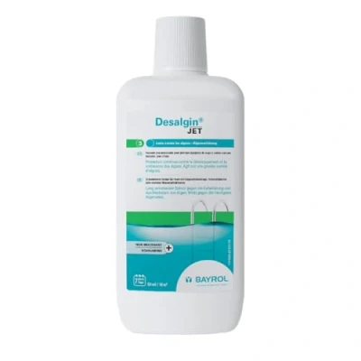 Abbildung von Bayrol Desalgin Jet 1 L schaumfreies Antialgen Konzentrat zur Verhinderung von Algenwachstum im Pool Ideal für Pools mit Gegenstromanlagen Wasserattraktionen Ohne Kupfersulfat Blau