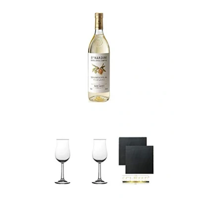 Abbildung von Nardini Grappa alla Mandorla mit Mandelgeschmack Italien 1,0 Liter + 2 Bugatti Nosing Gläser Eichstrich 2cl und 4cl Schiefer Glasuntersetzer eckig ca. 9,5 cm Ø