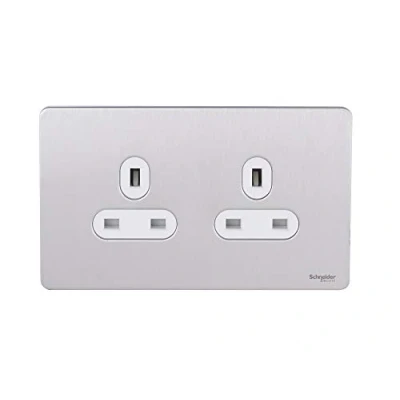 Abbildung von Schneider Electric Ultimate schraubenlose, ungeschaltete Doppelsteckdose mit flacher Platte, 13 A, GU3460WSS, Edelstahl weißem Einsatz