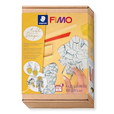 Abbildung von STAEDTLER FIMO How to create Set &quot;Marmor Design&quot; FIMO, ofenhärtende Modelliermasse, Materialeffekte gestalten, 4 Halbblöcke à 25g, 3er Set, 8025 HTC5