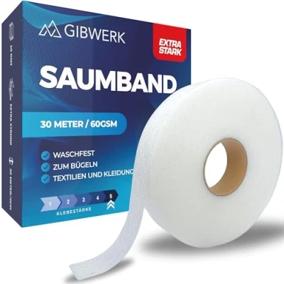 Abbildung von GIBWERK Saumband zum Aufbügeln Waschfest 60 GSM Extra Stark 30 Meter x 20 mm und Selbstklebend Bügelvlies für Vorhänge Gardinen Textilien Bügelband Hosen Nahtband