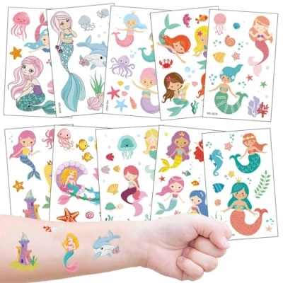 Abbildung von Meerjungfrau Tattoo Kinder 10 Blätter, Temporäre Kindertattoos Wasserdichte für Mädchen Kindergeburtstag Mitgebsel Party